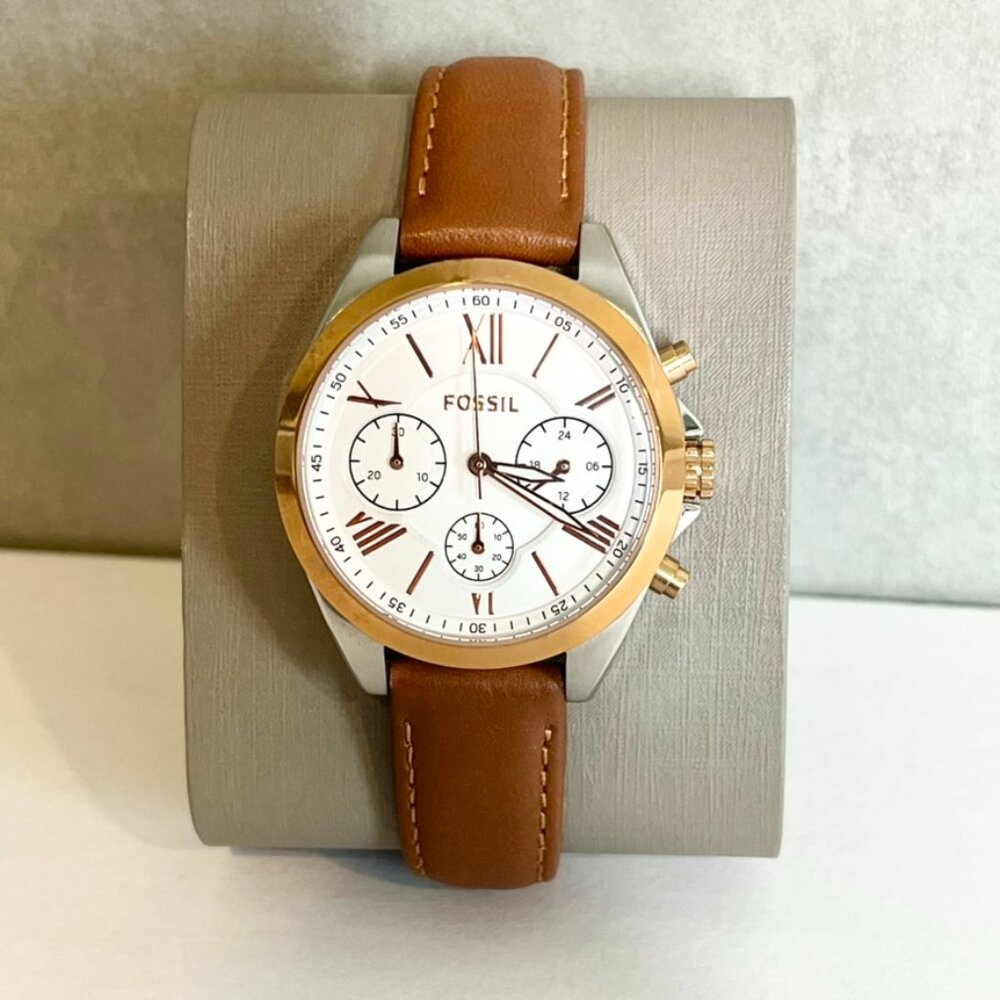 EUC Fossil Women's Multifunction Brown Gold Stainless Steel Leather Watch